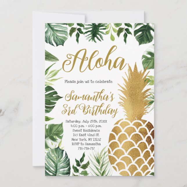 Invitación Aloha Birthday Luau Hawaiian Fiesta de la piña dor (Anverso)