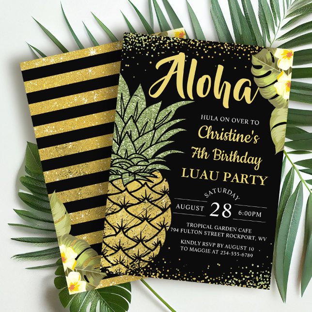 Invitación Aloha Black Gold Tropical Pineapple Cumpleaños (Subido por el creador)
