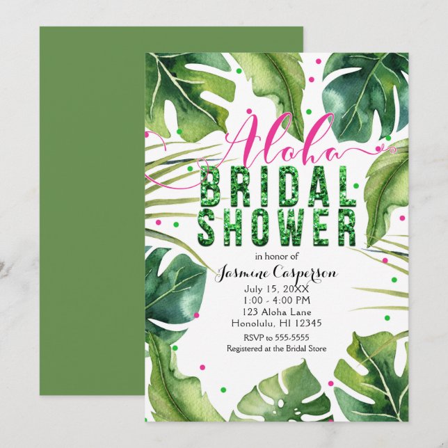 Invitación ALOHA BRIDAL DUCHA Hojas tropicales rosadas y verd (Anverso / Reverso)