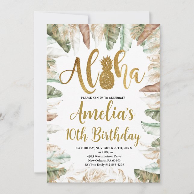 Invitación Aloha Cumpleaños, Luau Cumpleaños, Cualquier Edad, (Anverso)
