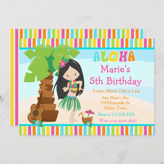 Invitación Aloha Cute Black Hair Chica Fiesta de Cumpleaños (Anverso / Reverso)