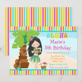 Invitación Aloha Cute Black Hair Chica Fiesta de Cumpleaños
