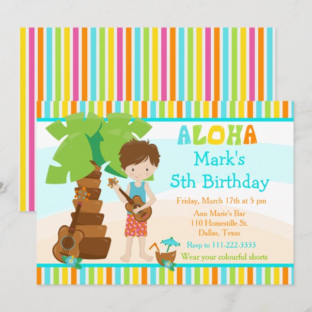 Invitación Aloha Cute Brunette Boy Fiesta de Cumpleaños (Anverso / Reverso)