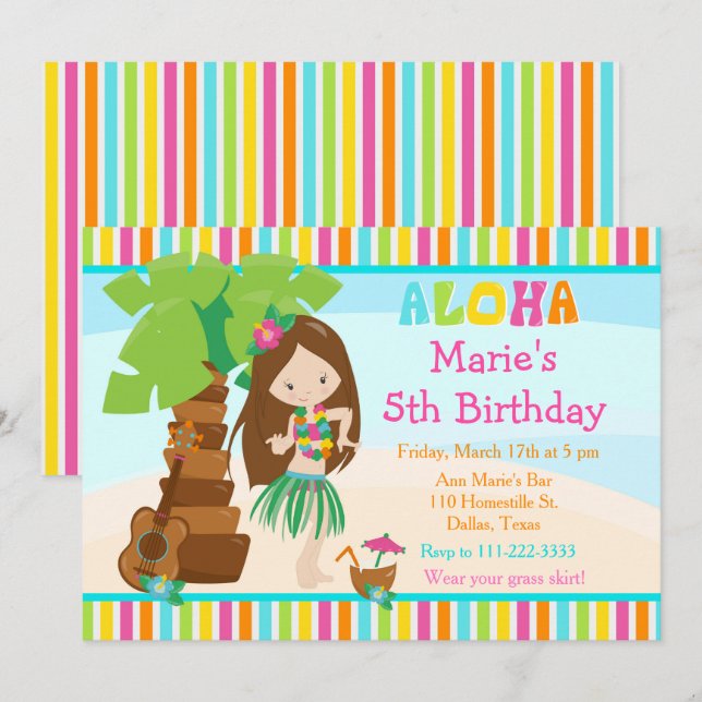 Invitación Aloha Cute Brunette Chica Fiesta de cumpleaños (Anverso / Reverso)