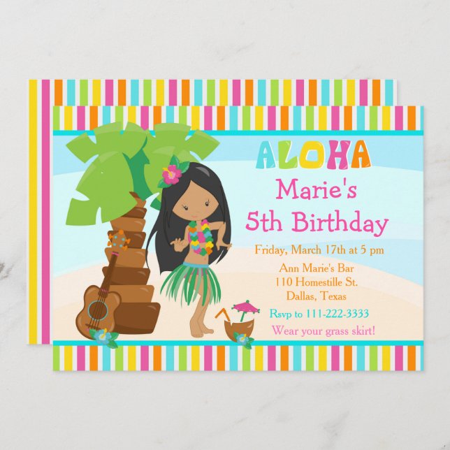 Invitación Aloha Cute Partido de Cumpleaños de los Chicas Afr (Anverso / Reverso)