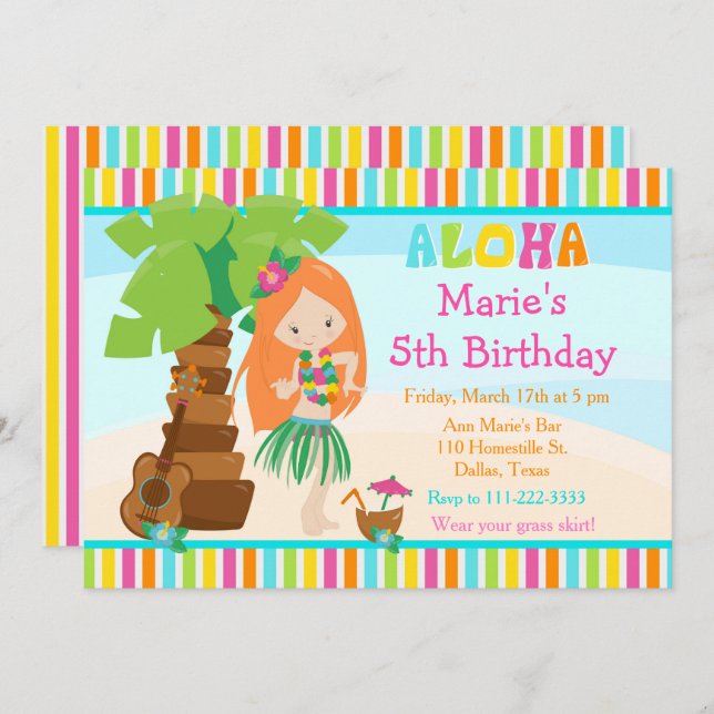 Invitación Aloha Cute Red Hair Chica Fiesta de Cumpleaños (Anverso / Reverso)