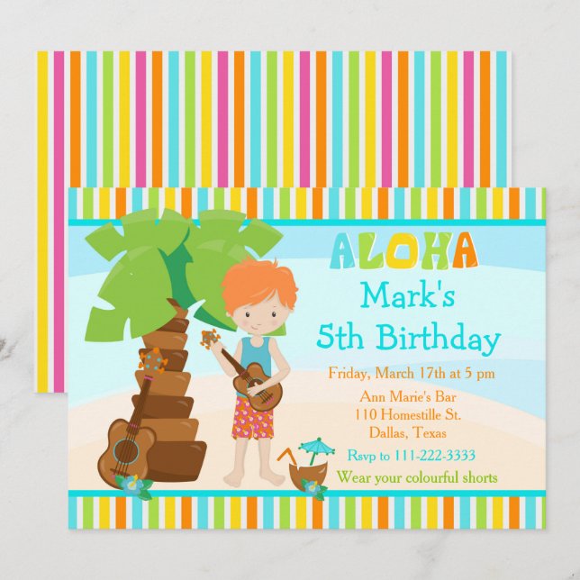 Invitación Aloha Cute Rojo Cabeza Niño Fiesta de Cumpleaños (Anverso / Reverso)