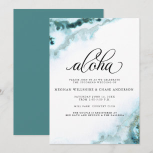 Invitación Aloha de Ágata Musgo con Acuarela Azul Verdoso Mod