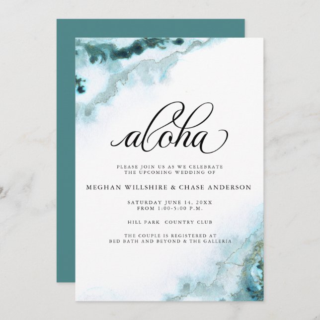 Invitación Aloha de Ágata Musgo Moderno en Acuarela Azul Verd (Anverso / Reverso)