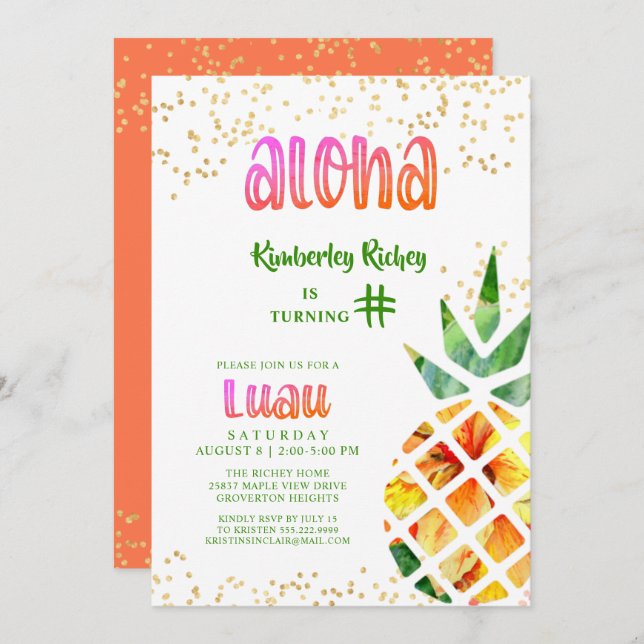 Invitación Aloha de piña tropical CUALQUIER EDAD Cumpleaños L (Anverso / Reverso)
