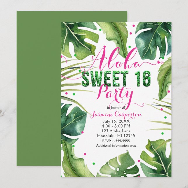 Invitación ALOHA DULCES 16 Dieciséis Hojas Tropicales Rosa Ve (Anverso / Reverso)