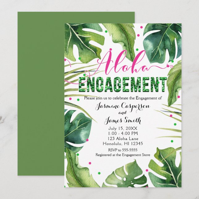 Invitación ALOHA ENGAGEMENT Hoaves tropicales rosadas y verde (Anverso / Reverso)