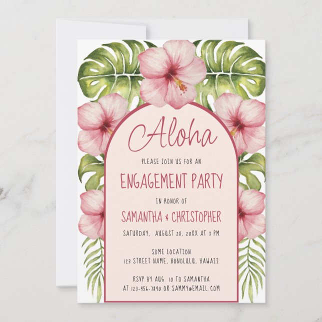 Invitación Aloha Engagement Tropical Floral Pink Hibiscus (Anverso)