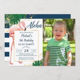 Invitación Aloha Flamingo Blue Gold Tropical Birday Photo