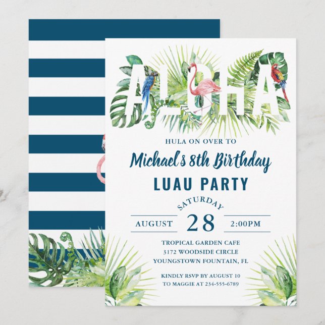 Invitación Aloha Flamingo Marina Tropical Azul Luau Cumpleaño (Anverso / Reverso)