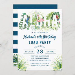 Invitación Aloha Flamingo Marina Tropical Azul Luau Cumpleaño