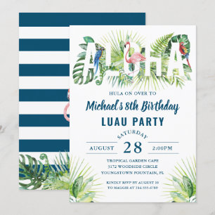 Invitación Aloha Flamingo Marina Tropical Azul Luau Cumpleaño