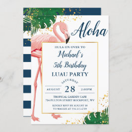 Invitación Aloha Flamingo Oro Azul Tropical Luau Cumpleaños