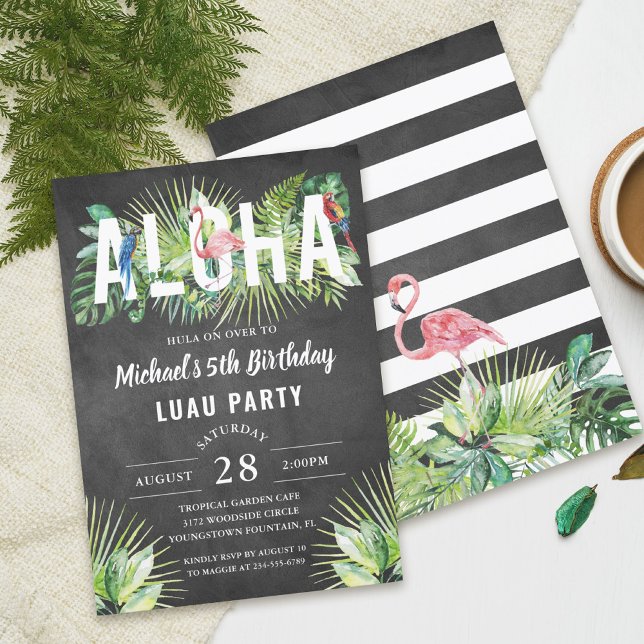 Invitación Aloha Flamingo Tropical Birds Black Luau Birthday (Subido por el creador)