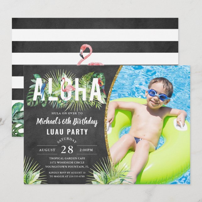 Invitación Aloha Flamingo Tropical Birds Luau Foto de cumplea (Anverso / Reverso)