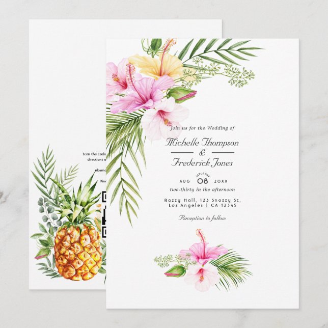 Invitación Aloha floral tropical Código QR Boda RSVP (Anverso / Reverso)