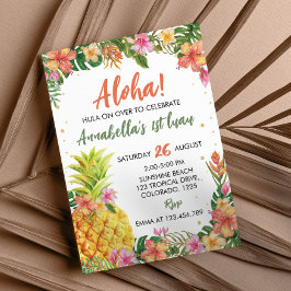 Invitación Aloha Floral Tropical Primer Cumpleaños de Luau