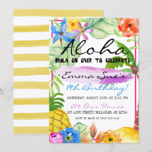 Invitación Aloha Flores Tropicales Luau Watercolor Cumpleaños