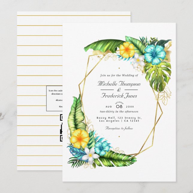Invitación Aloha Geométrico Tropical Verano Código QR Boda (Anverso / Reverso)