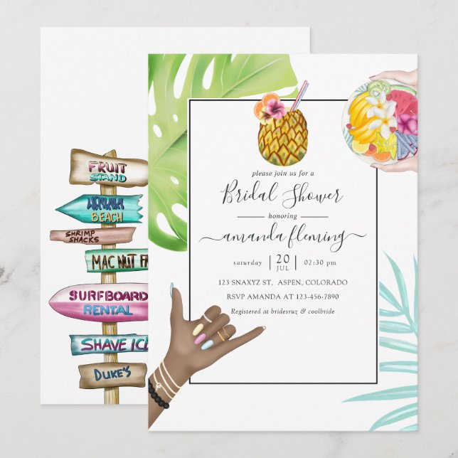 Invitación Aloha Hawaii Tropical Beach Bridal Shower (Anverso / Reverso)
