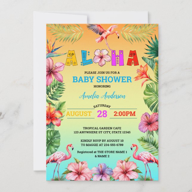 Invitación Aloha Hawaii Tropical Floral Flamingo Baby Shower (Anverso)