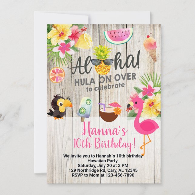 Invitación Aloha, hawaiian birthday party invite. (Anverso)