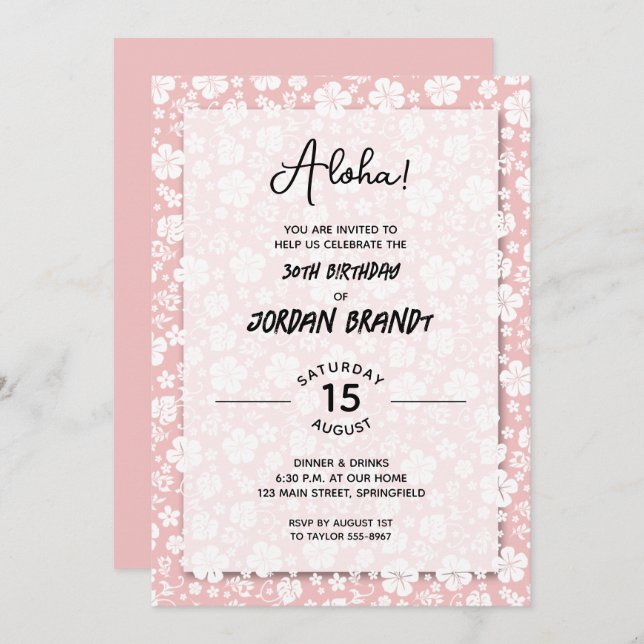 Invitación Aloha Hawaiian Fiesta de cumpleaños rosa floral (Anverso / Reverso)