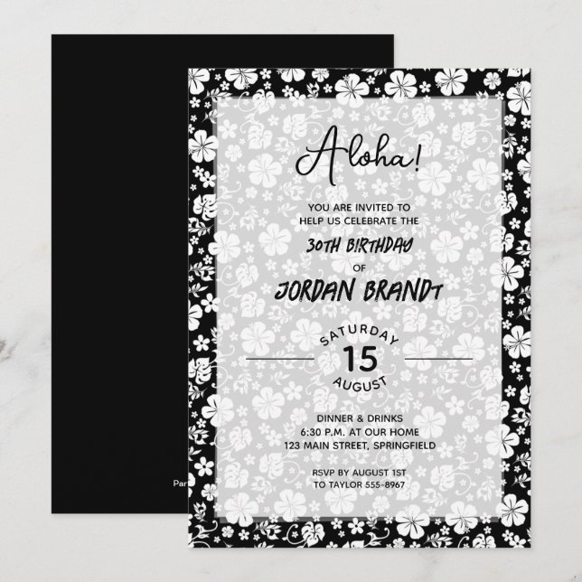 Invitación Aloha Hawaiian Floral Black and White Birday (Anverso / Reverso)