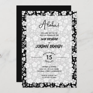Invitación Aloha Hawaiian Floral Black and White Birday