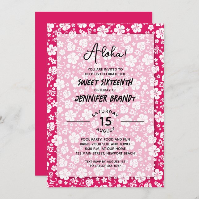 Invitación Aloha Hawaiian Floral Hot Pink 16 cumpleaños (Anverso / Reverso)