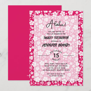 Invitación Aloha Hawaiian Floral Hot Pink 16 cumpleaños