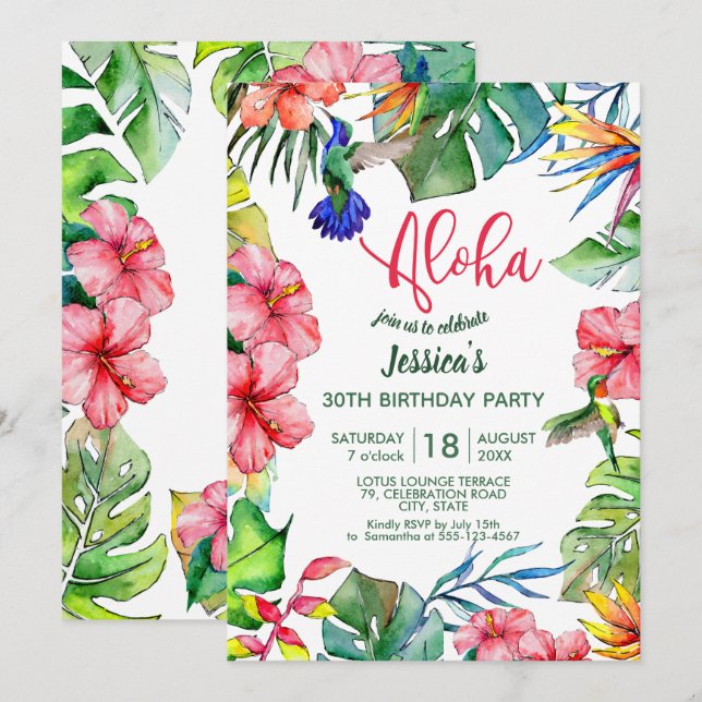 Invitación Aloha Hawaiian Flores Tropicales Cumpleaños (Anverso / Reverso)