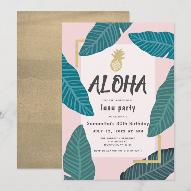 Invitación Aloha Hawaiian Luau Pineapple Adulto Rosa Cumpleañ (Anverso / Reverso)