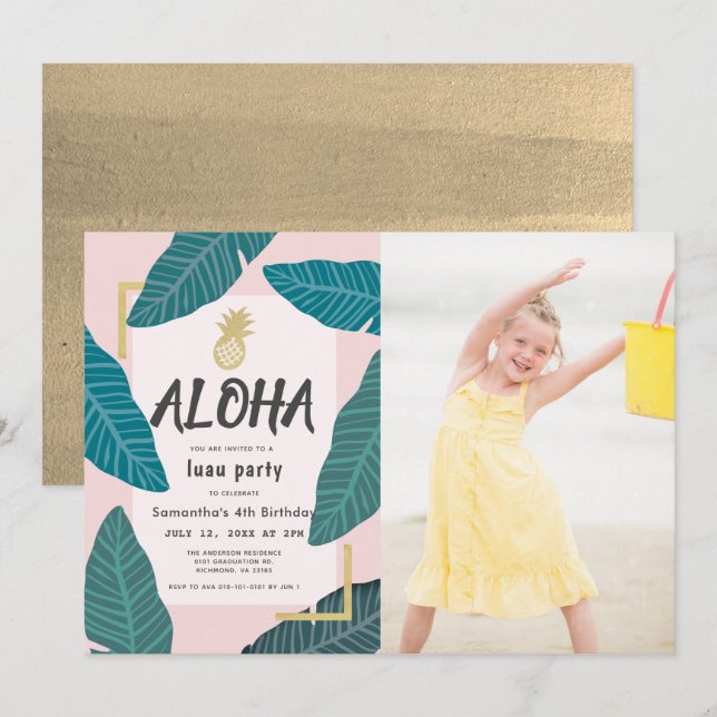 Invitación Aloha Hawaiian Luau Pineapple Photo Pink Birday (Anverso / Reverso)