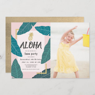 Invitación Aloha Hawaiian Luau Pineapple Photo Pink Birday