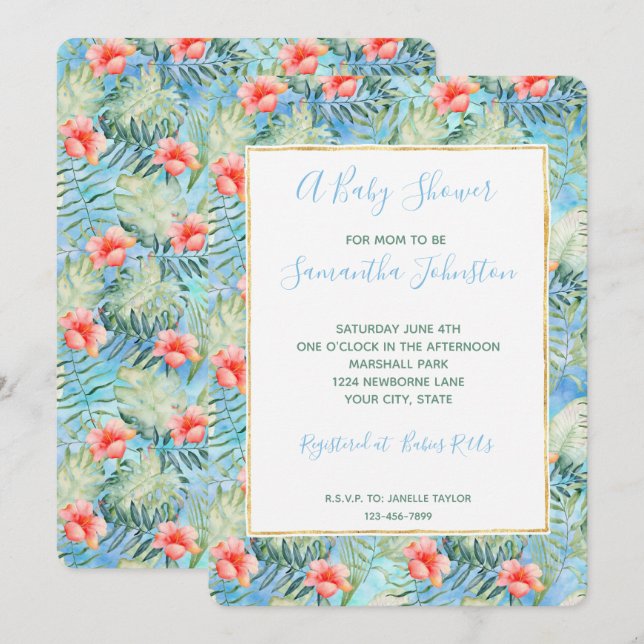Invitación Aloha Hibiscus Floral Baby Shower (Anverso / Reverso)