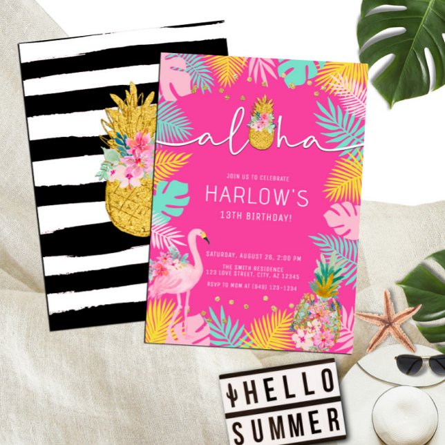 Invitación Aloha Hot Pink Tropical Luau Flamingo Cumpleaños (Subido por el creador)