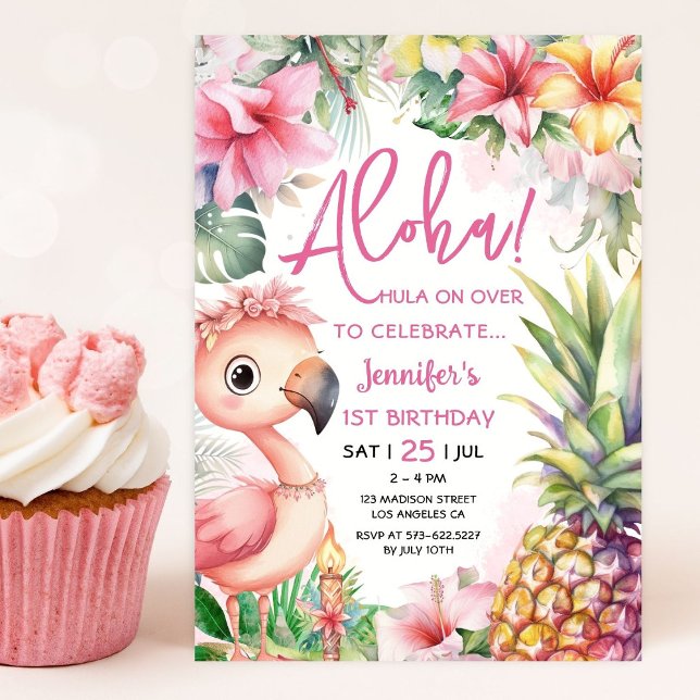 Invitación ¡Aloha! Luau 1er cumpleaños Tropical Rosa Hawaiano (Subido por el creador)