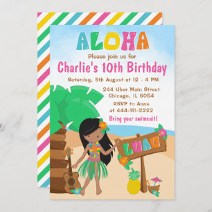 Invitación Aloha Luau Beach Birday Chica afroamericano en