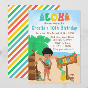 Invitación Aloha Luau Beach Birday niño afroamericano Inv