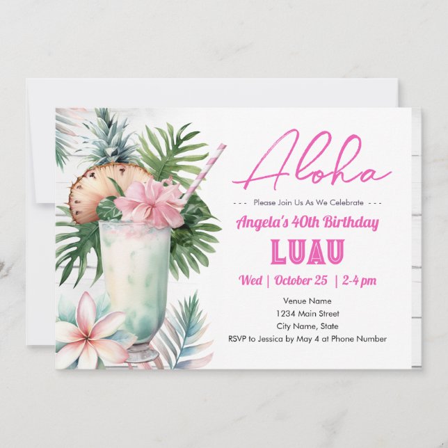 Invitación Aloha Luau Bebida tropical Adulto Cumpleaños (Anverso)