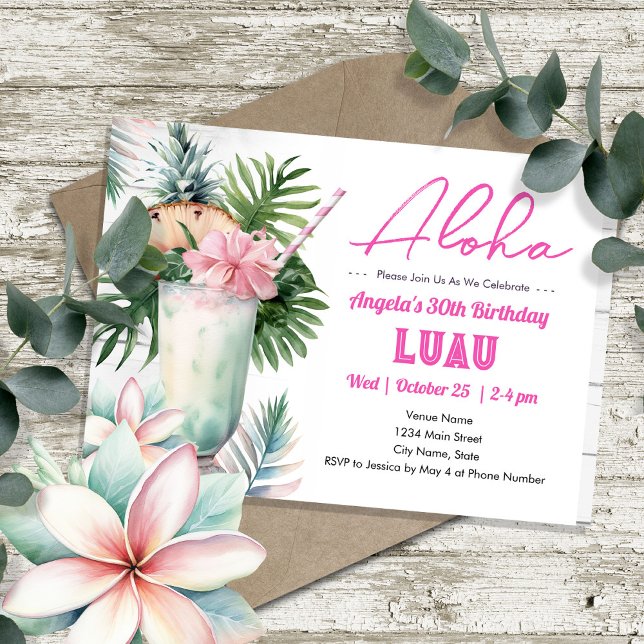 Invitación Aloha Luau Bebida tropical Adulto Cumpleaños (Subido por el creador)