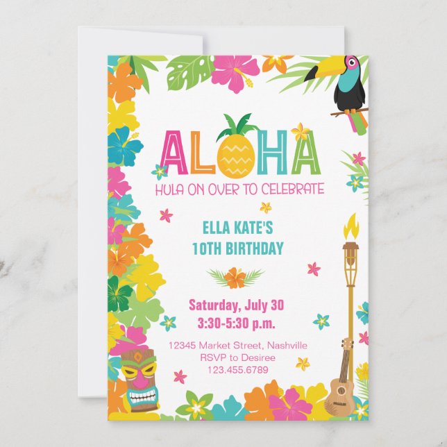 Invitación Aloha Luau Birthday Tropical Floral Fiesta (Anverso)