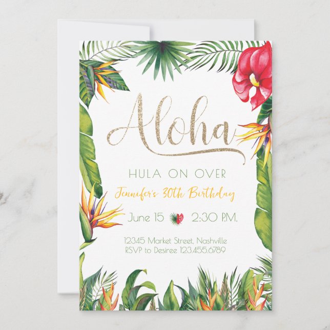 Invitación Aloha Luau Birthday Tropical Floral Fiesta (Anverso)