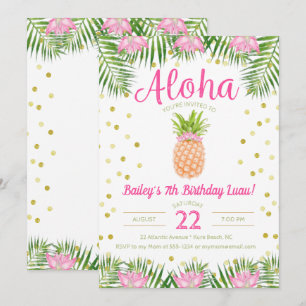 Invitación Aloha Luau Birthday Tropical Pineapple en rosa
